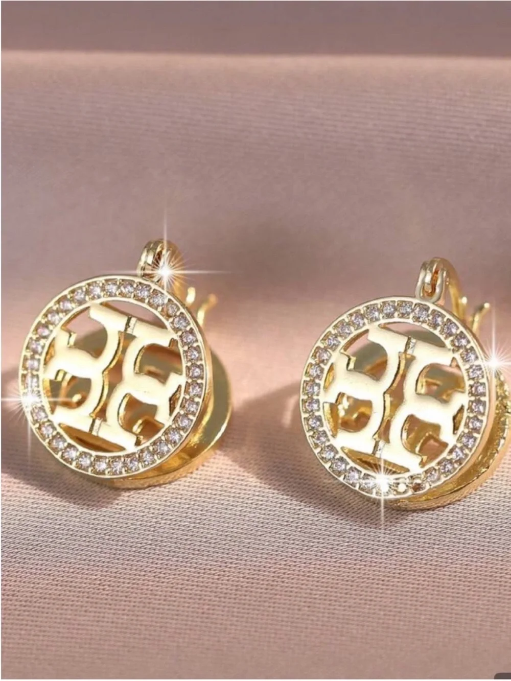 Tory Burch Gold Crystal-Trimmed Round Logo Earrings